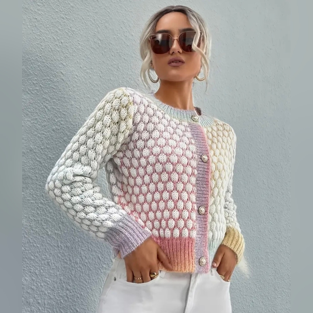 Color Block Ombre Button Front Cardigans, Casual … - image 2